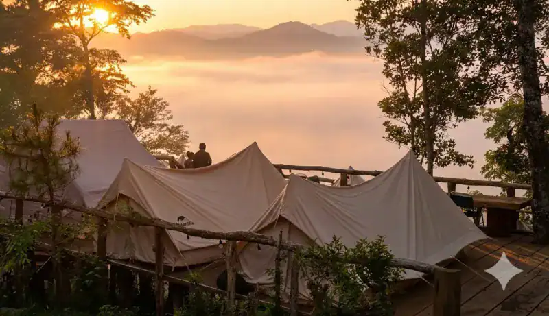 Trang Chủ 15 lều chữ A và lều mông cổ với làn mây sát mặt thung lũng thích hợp để săn mây tại camping kon tu ma