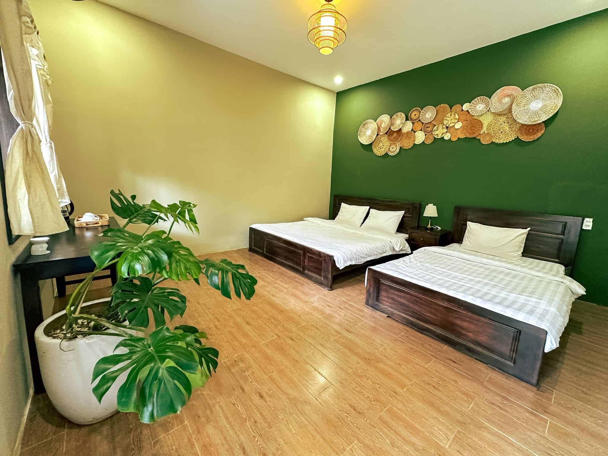 homestay Măng Đen phòng ngủ đôi trang trí đơn giản có cây xanh trong phòng Du Yên homestay