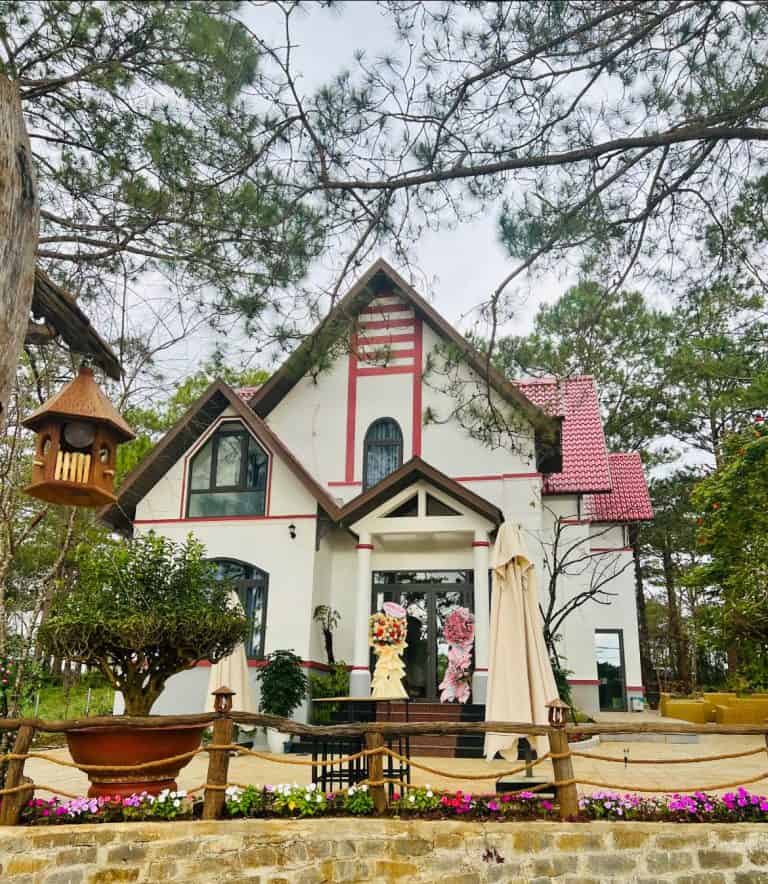 homestay mang den toàn cảnh homestay ở rừng thông nhiều hoa ở Măng Đen Romantic Homestay