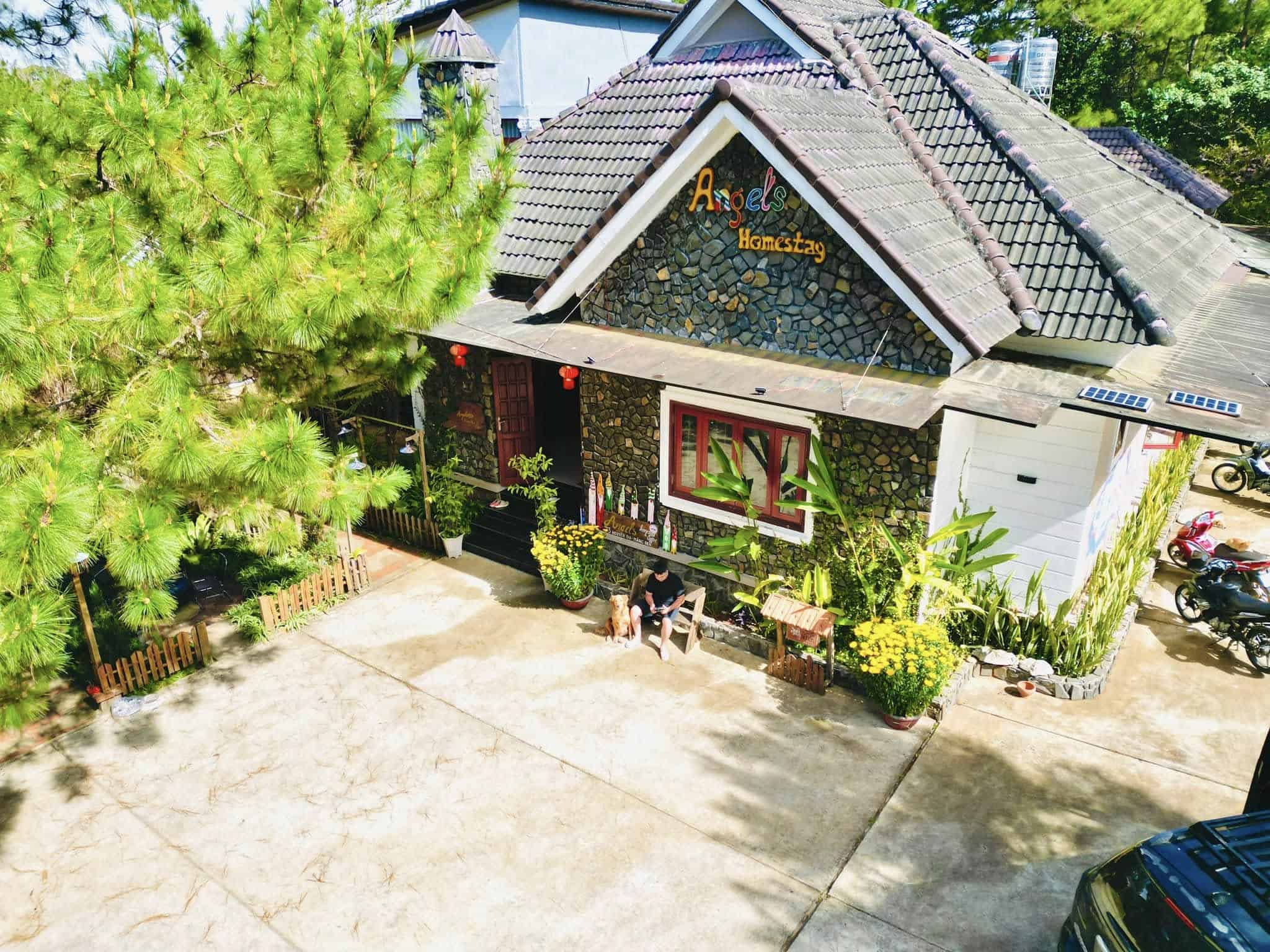 homestay mang den sân nhiều cây thông có bãi đỗ xe Angels homestay