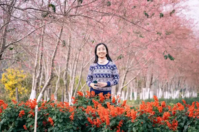 Phụ nữ mặc áo len hoa văn xanh trắng đứng giữa hoa đỏ rực với mai anh đào Măng Đen hồng và cây cỏ xanh làm nền, nở nụ cười