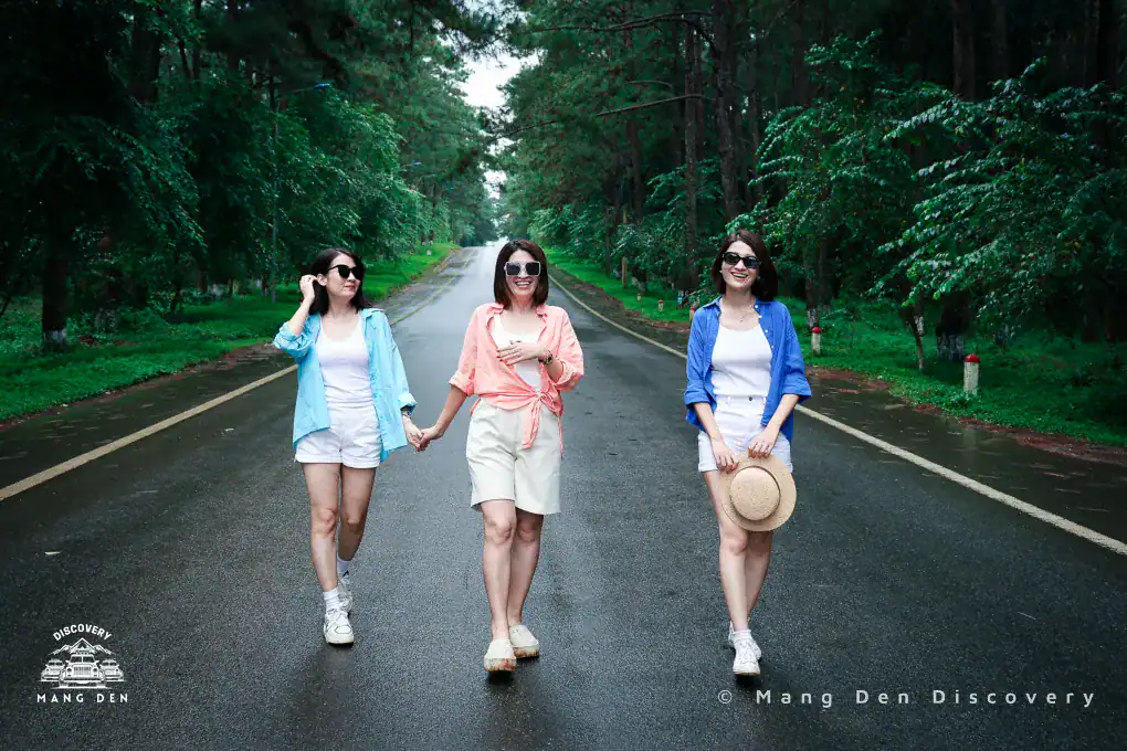 3 cô gái dạo bước trên đường nhựa với 2 bên là rừng thông tại Măng Đen trong tour trải nghiệm Dạo Bước Măng Đen tức là tour khám phá Măng Đen