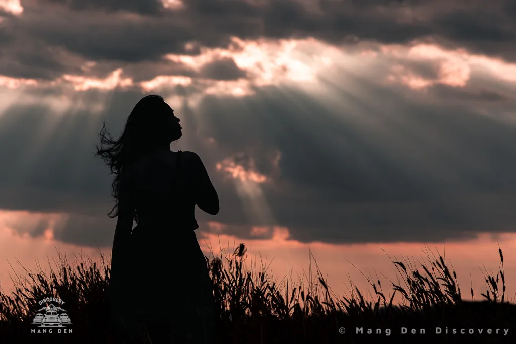 cô gái chụp ảnh khi mặt trời vừa lặn xuống tại đồi cỏ măng đen tại đèo cũ với ánh nắng đang lịm dần