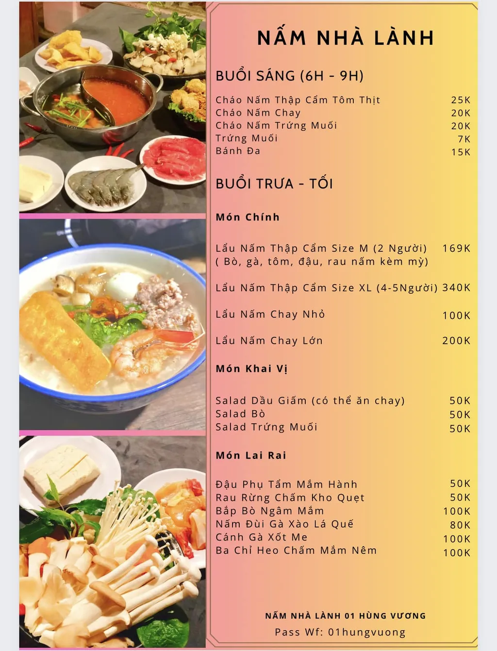 Menu Nấm Nhà Lành Măng Đen với giá cháo nấm buổi sáng, lẩu nấm buổi trưa tối và các món ăn kèm chay mặn