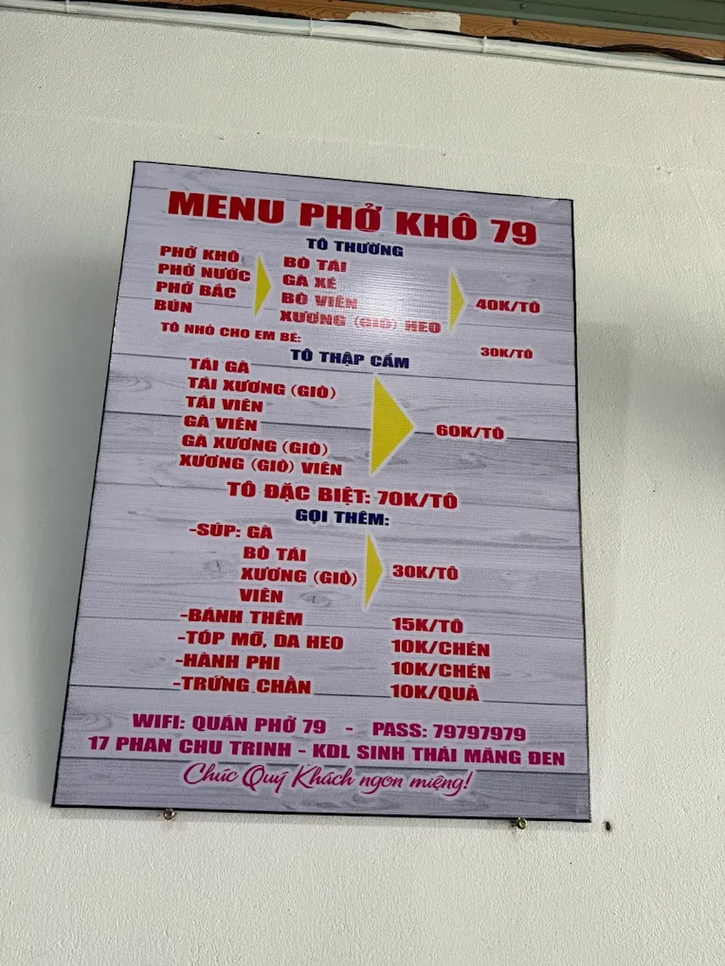 Menu Phở Khô 79 Măng Đen với giá tô thường, tô thập cẩm, tô đặc biệt và món gọi thêm