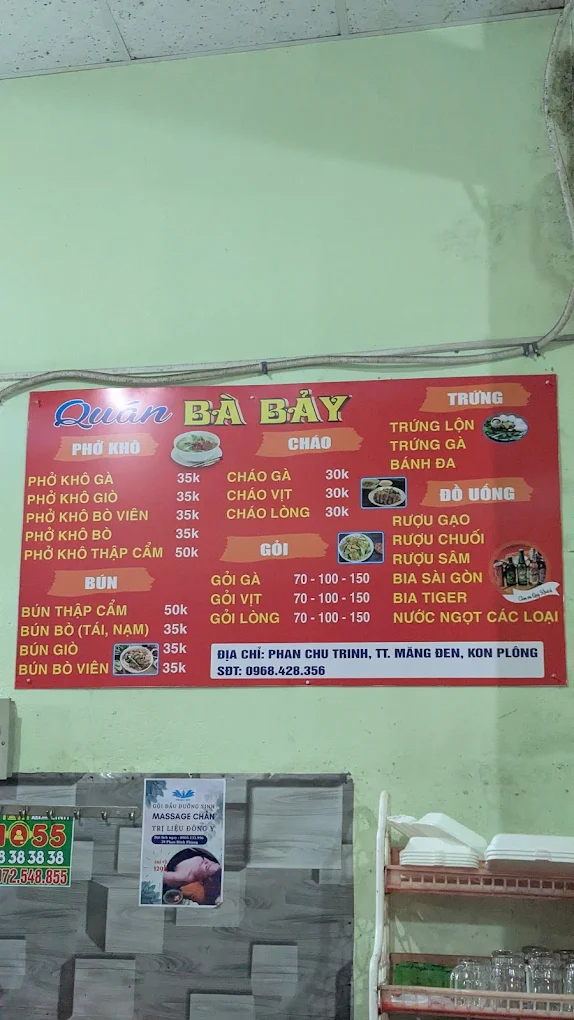 Menu Quán Bà Bảy Măng Đen với giá phở khô, bún, cháo, gỏi và đồ uống