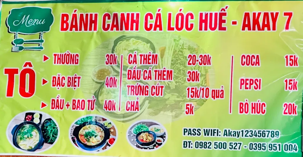 bảng giá bánh canh cá lóc A Kay 7 Măng Đen